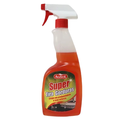 Frasco de produto de limpeza com gatilho vermelho e rótulo “Super Tira Gorduras” sobre fundo preto.