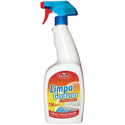 Frasco de limpeza com gatilho azul e rótulo “Limpa Gorduras” da Agisol, fundo preto.